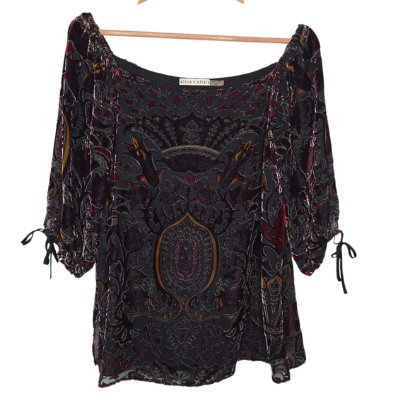 Alice + Olivia Tops - Alice and Olivia Womens Alecia Silk Velour Brocade Damask Jacquard Blouse Medium